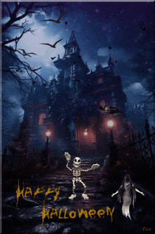 a skeleton dancing in front of a haunted house with the words happy halloween written on it