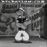 a black and white photo of popeye dancing in front of a sign that says ralph 's gentlemen club