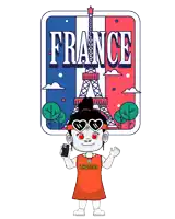 a cartoon girl holding a cell phone in front of a france sign