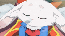 a white rabbit with a blue jacket and a red bow tie is sleeping