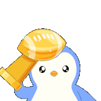 a cartoon penguin is holding up a gold trophy