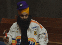 a man wearing a purple hat and a white jacket that says downy pontiac
