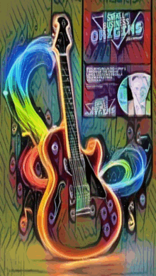 a painting of a guitar with a small business origins sign
