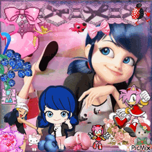 a picture of a girl with blue hair is surrounded by other cartoon characters including sonic the hedgehog and hello kitty