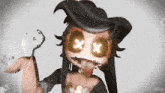 a cartoon character with glowing eyes and tongue out