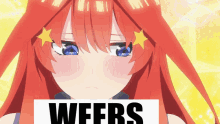 a girl with red hair is behind a sign that says wfrs