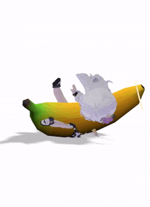 a person laying on top of a banana with a purple flower on it