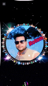 a man wearing sunglasses is in a circle with the name rotor on it