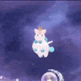 a stuffed animal in the shape of a unicorn with a crown on its head is flying through the air .