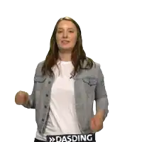 a woman wearing a white shirt and a denim jacket has the word dasding on her waist