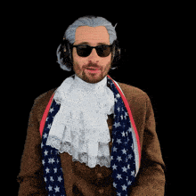 a man in a wig and sunglasses is wearing headphones and a scarf with stars on it