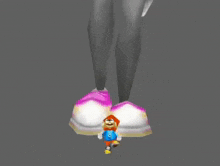 a cartoon character is walking on the feet of a woman in a video game .