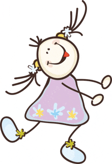a cartoon drawing of a girl in a purple dress with flowers on it
