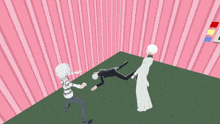 three anime characters are standing in a room with pink stripes on the walls
