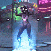 a person in a video game is standing in front of a neon sign that says ' ipro888 ' on it