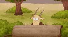 a cartoon goat with horns is peeking over a wooden bench