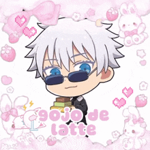 a cartoon character holding a stack of books with the words gojo de latte on the bottom right
