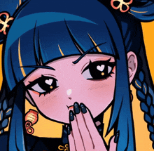 a close up of a cartoon girl with blue hair covering her mouth