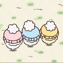 three cartoon characters wearing hats are standing next to each other in the grass