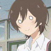 the girl is wearing a white shirt and making a funny face with her eyes closed .