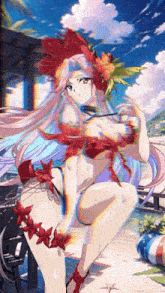 a girl in a bikini is sitting on a beach