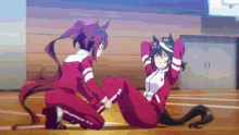 a couple of anime girls are doing exercises on the floor