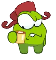 a green cartoon character with a red hat and mustache is holding a cup