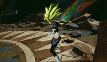 a cartoon character with green hair is standing in a circle