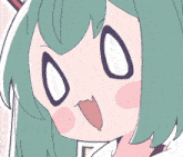 a cartoon drawing of a girl with green hair making a face