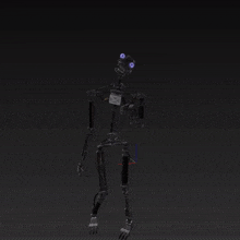 a 3d model of a robot with purple eyes is standing in the dark on a black background .