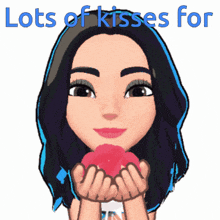 a cartoon of a woman holding a heart with the words " lots of kisses for " written above her