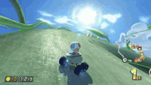 a video game screen shows a toad driving down a hill with the number 1st on it
