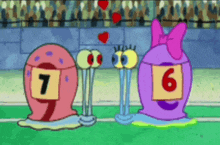 two cartoon characters with numbers on their faces including 7 and 6