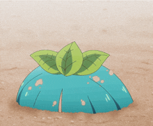 a cartoon character with blue hair and green eyes has a green leaf on her head