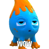 a blue and orange cartoon character with the word wow on the bottom