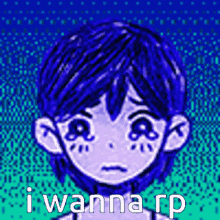 a pixel art of a girl with blue hair and the words i wanna rp on the bottom