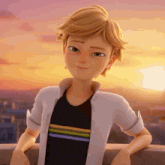 a cartoon character is leaning against a wall and smiling at the camera