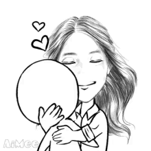a black and white drawing of a woman hugging a circle with hearts above her head .