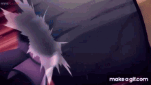 a close up of a person 's face with a purple background and a purple object coming out of it .