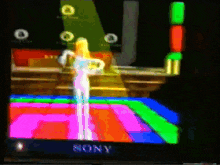 a sony television shows a cartoon of a woman dancing