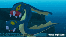 a gif of a blue and yellow pokemon with the words " distantkingdom " on the bottom