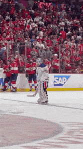 a hockey game is being played in front of a large crowd and a sign for sap