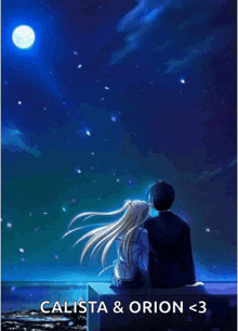 a boy and a girl are sitting on a ledge watching the moon
