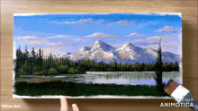 a painting of a lake with mountains in the background and the words wow art below it