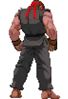 a pixel art of ryu from street fighter with his hands in his pockets