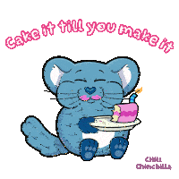 a cartoon of a chinchilla holding a cake with the words " cake it till you make it " below it