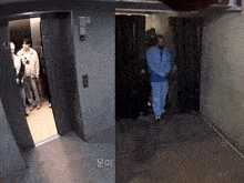 a group of people in an elevator with the number 1 on the wall