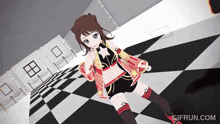 a gif from gifrun.com shows a girl dancing on a checkerboard floor