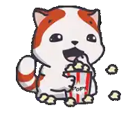 a cat is eating popcorn from a bucket .