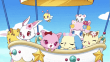 a bunch of cartoon characters are riding in a hot air balloon